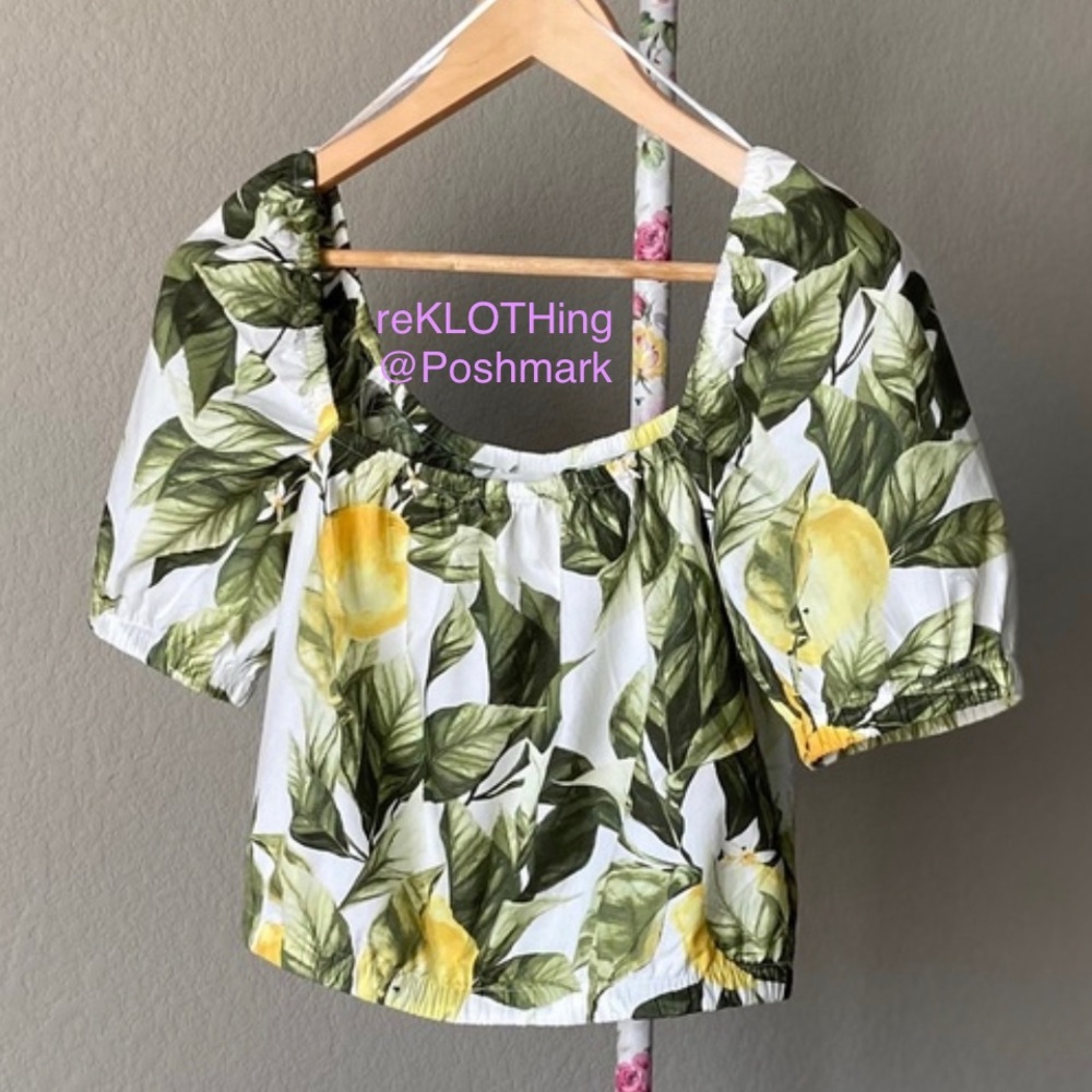 ❤️ H&M Puff-sleeved Lemon-print Cotton Crop-top - Picture 4 of 7